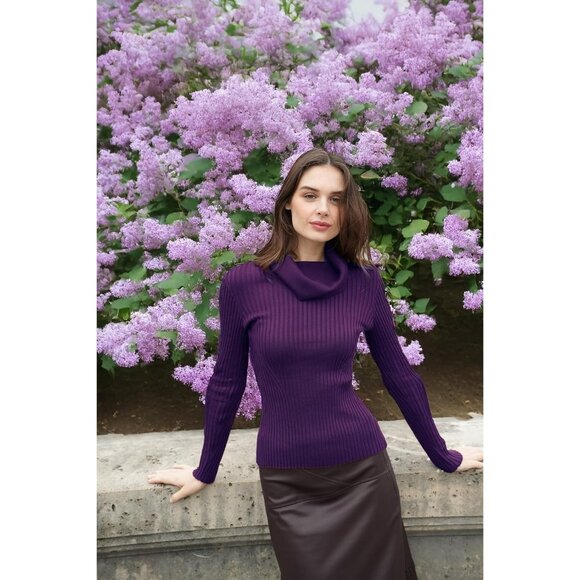 Women’s Cowl Neck Light Purple Stretchable Knit Long Sleeve Bodycon Sexy Sweater - Picture 5 of 5